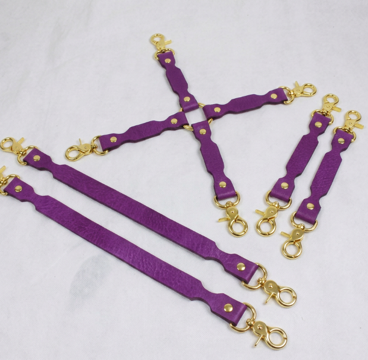 a collection of purple leather straps with gold metal clasps, arranged in various orientations on a white background.
