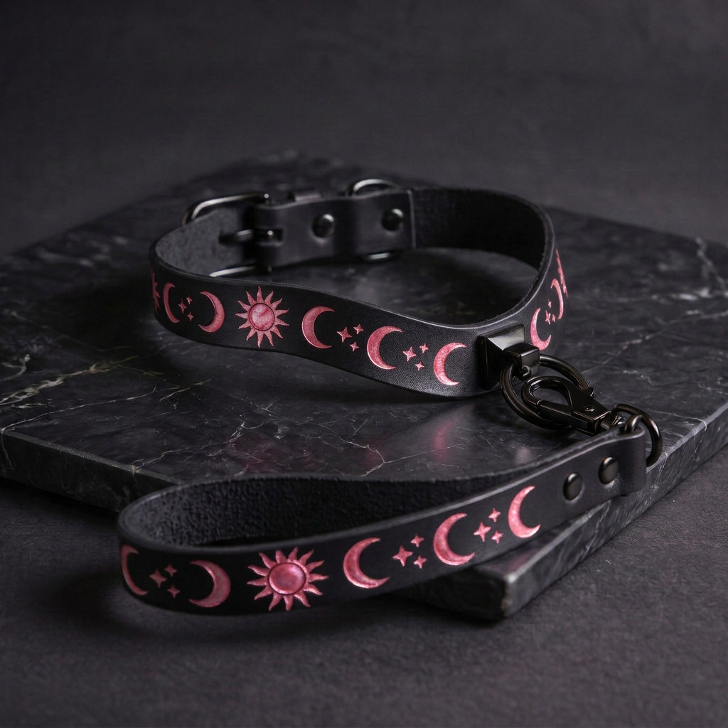 A black leather collar with pink celestial motifs, including suns, crescents, and stars, is displayed on a dark surface.