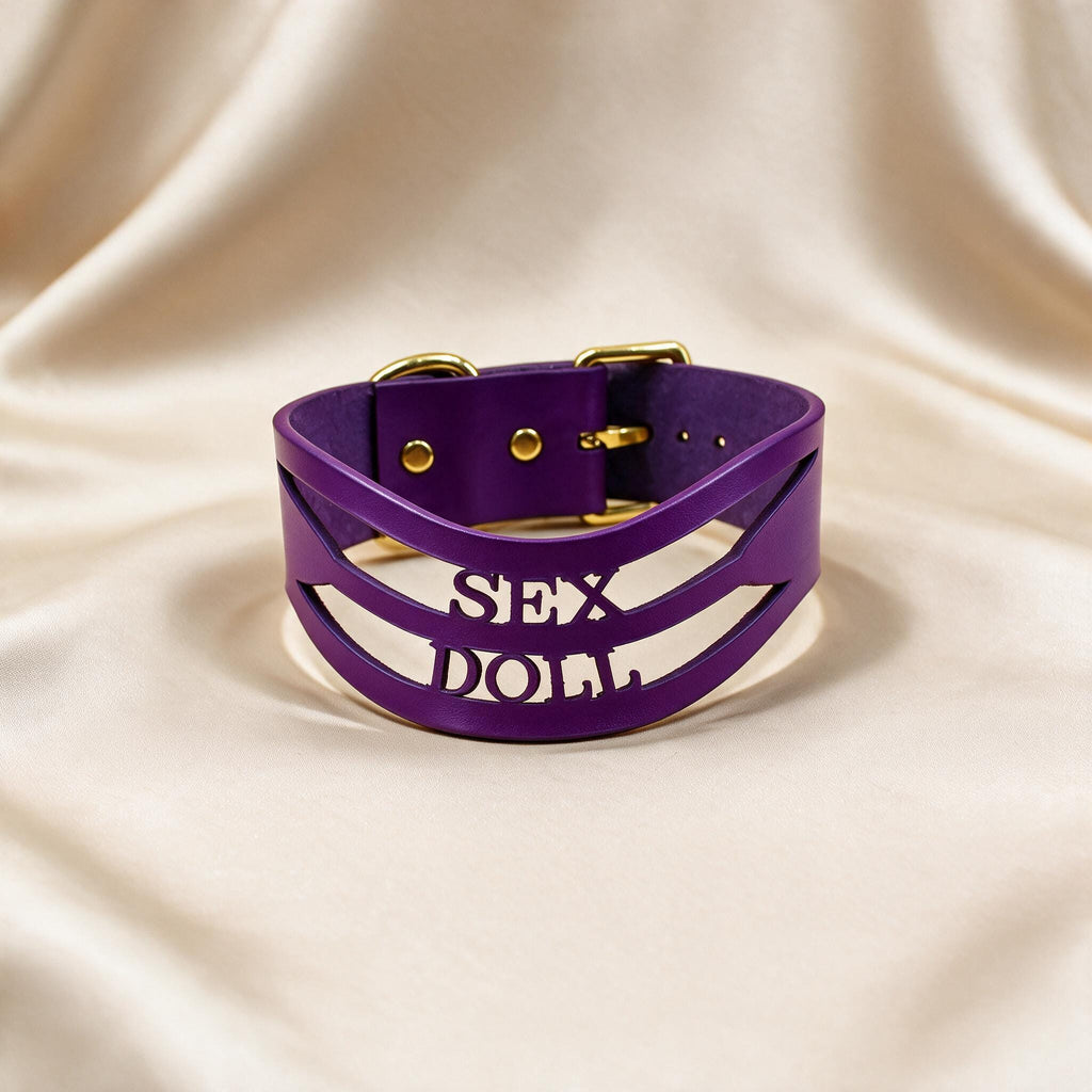 A purple choker necklace with the word "SEX" printed on it.