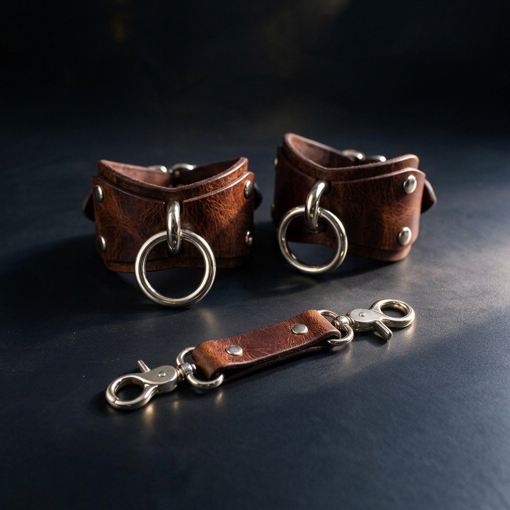 a pair of brown leather wrist cuffs with metal rings and a leather strap with metal rings, all placed on a dark surface.