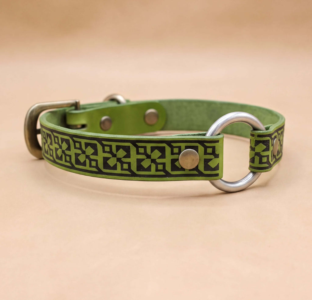 A green leather dog collar with a metal ring and decorative pattern on it.
