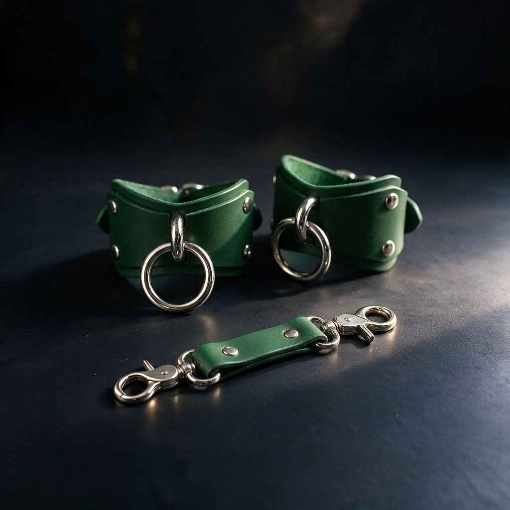 a pair of green leather choker straps with metal rings and a green leather strap with metal rings, all placed on a dark surface.