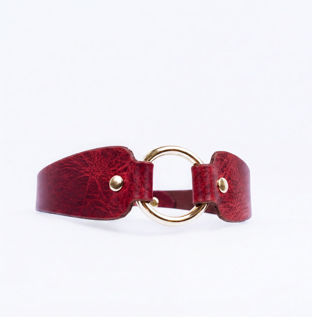 A red leather choker necklace with a gold-colored circular clasp.