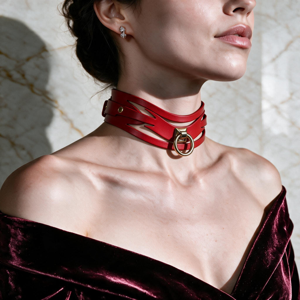 A woman wearing a red choker necklace with a gold buckle, posing against a marble wall.