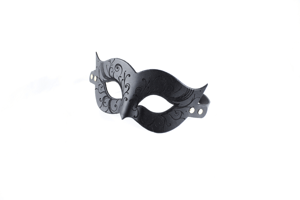 Leather Bondage Mask featuring Venetian style with black floral details and intricate engravings.