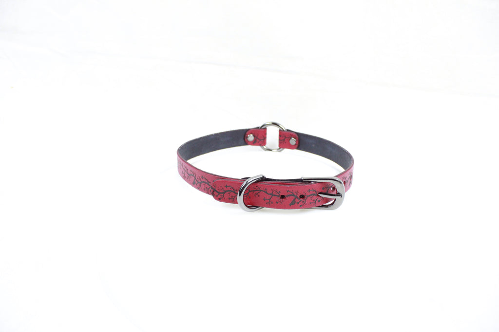 A red leather collar with a metal buckle and a floral pattern on the strap.