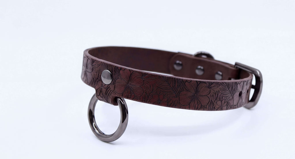 A brown leather collar with metal rings and a buckle.