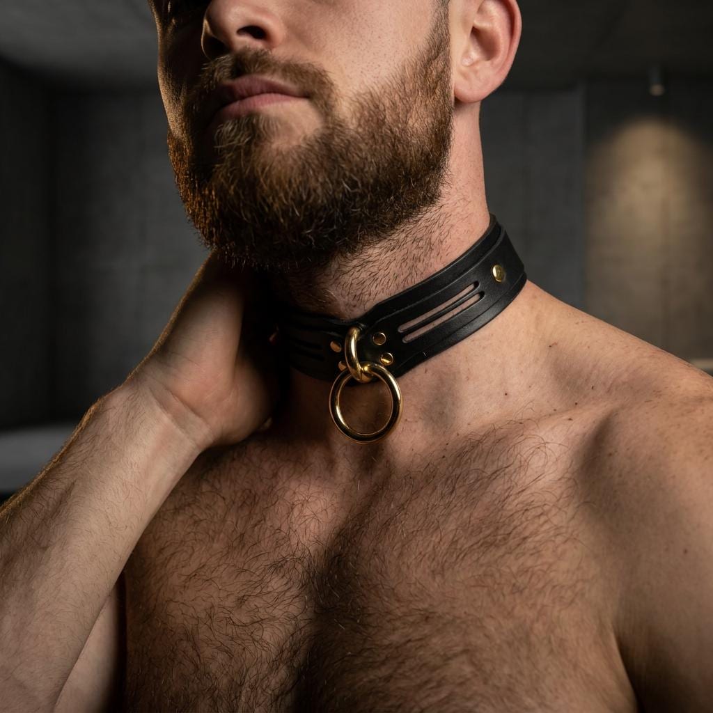 A close-up of a man's chest wearing a black leather choker collar with a gold ring.