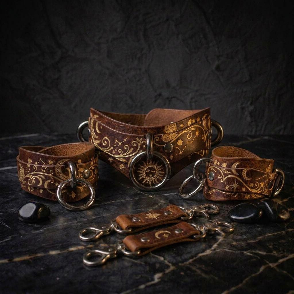 A collection of ornate leather straps and charms, including a large circular charm with a sun design, displayed on a dark surface.
