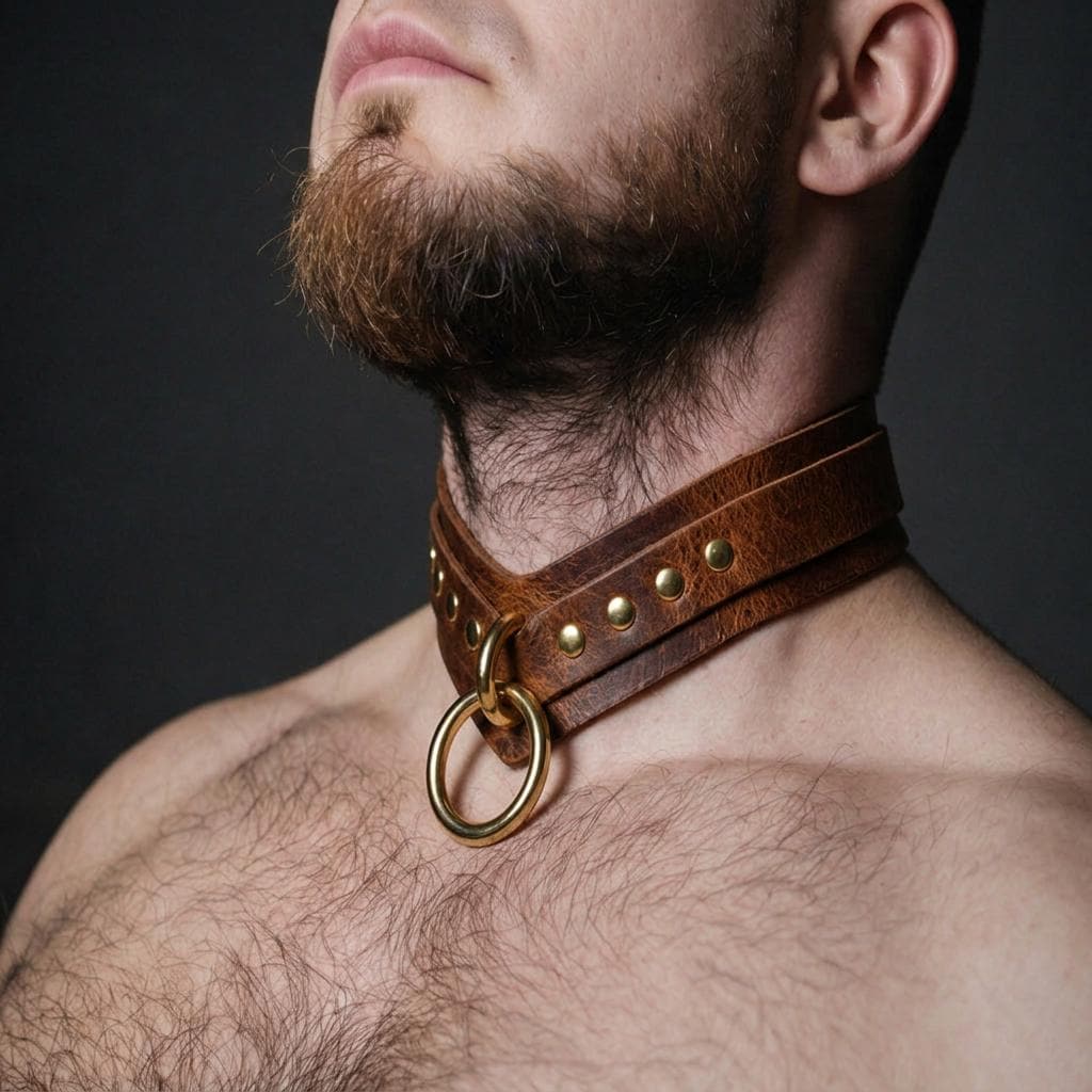 A close-up of a man's neck and chest area, with a leather choker collar featuring a gold ring and studs.