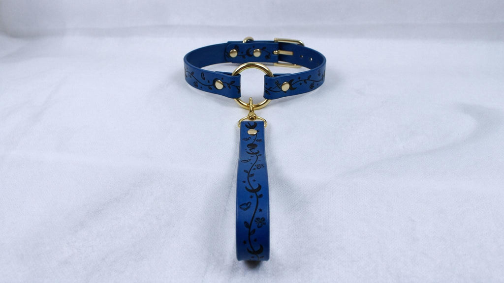 A blue collar with a gold buckle and a black floral pattern on the strap.