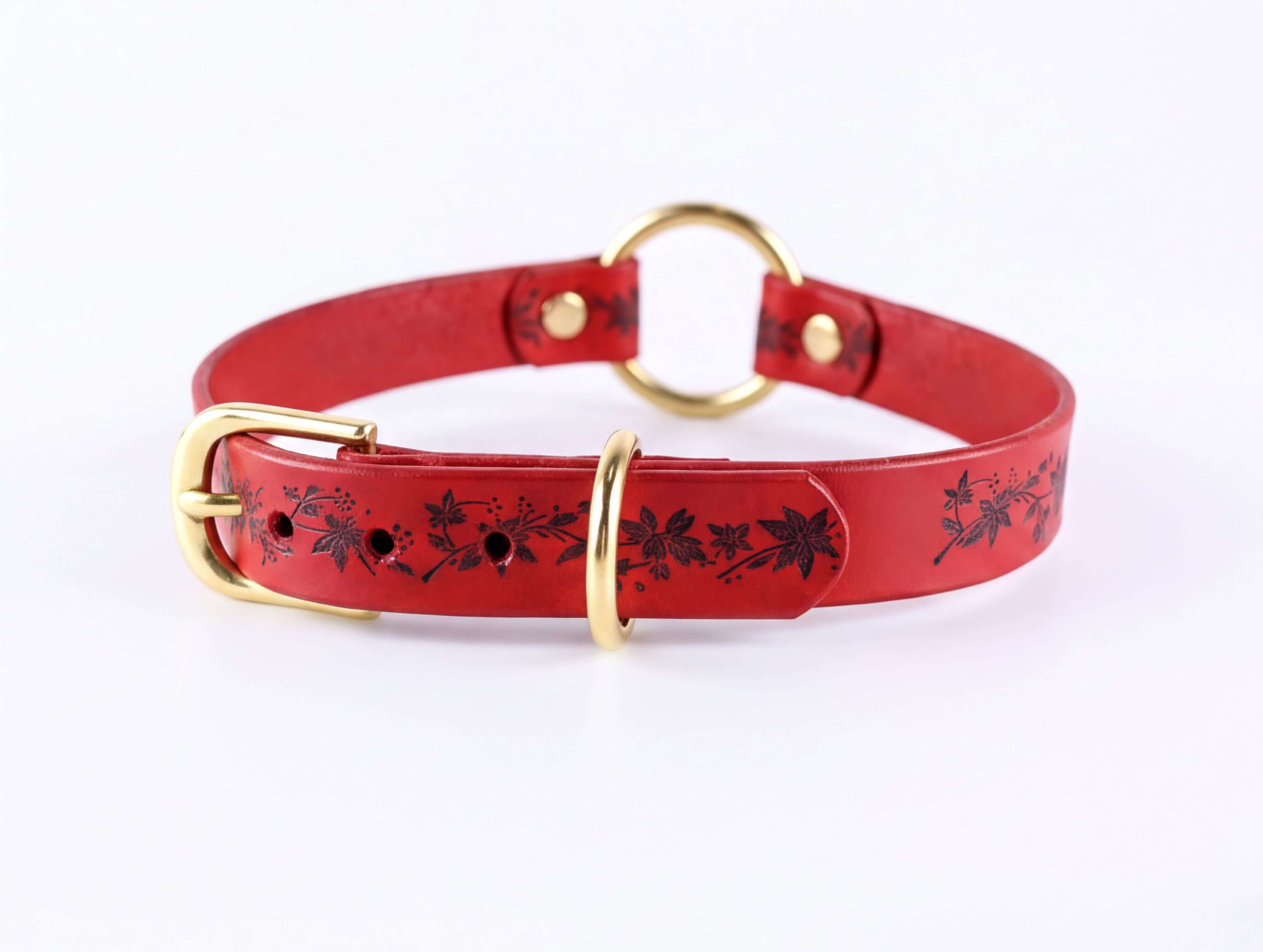 A red leather collar with a gold buckle and floral pattern on the strap.