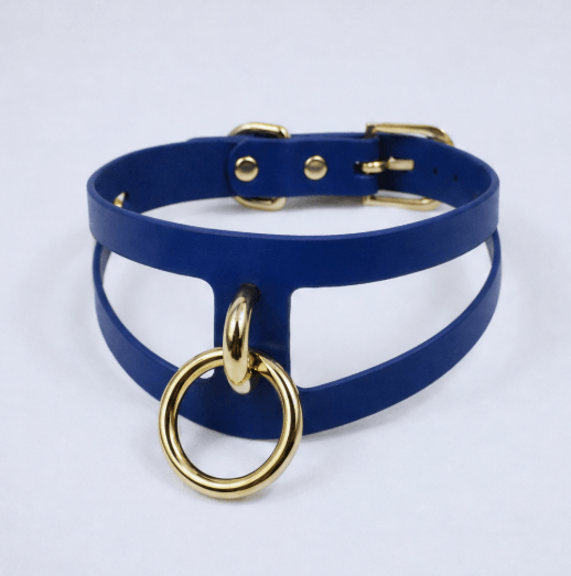 A blue choker necklace with a gold ring and buckle detail.