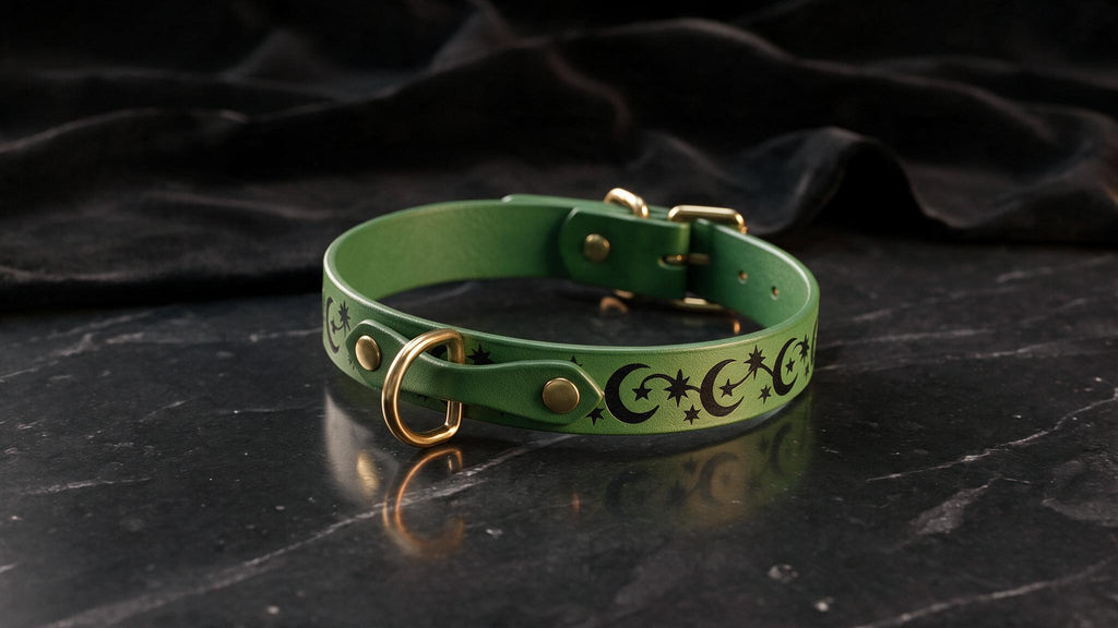 A green leather collar with a moon and star design on it, resting on a black marble surface.