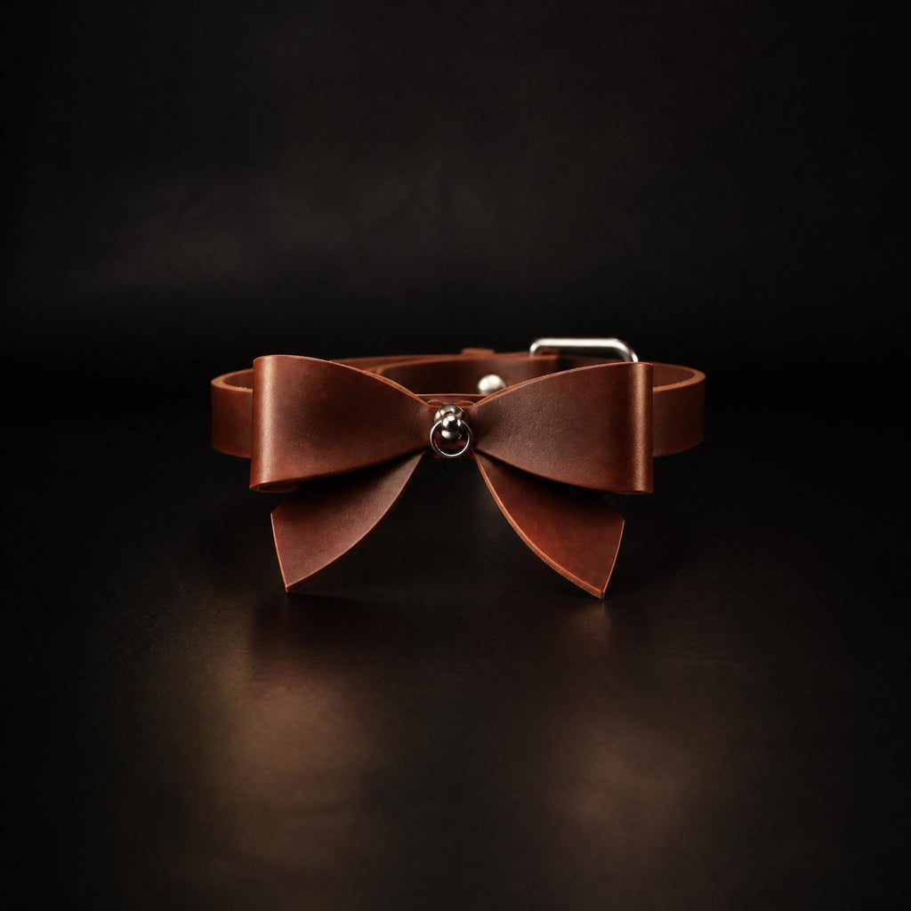 A brown leather bow tie with a silver buckle is displayed against a dark background.