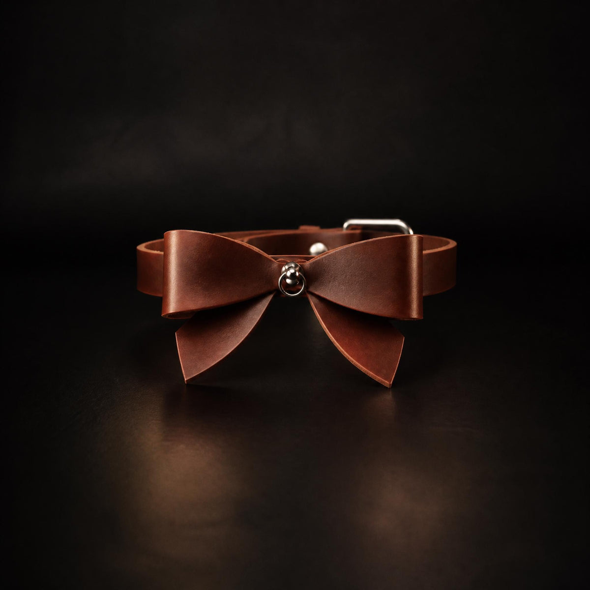 A brown leather bow tie with a silver buckle is displayed against a dark background.
