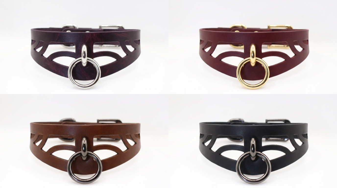 four different leather choker necklaces with metal rings, each in a distinct color and design.