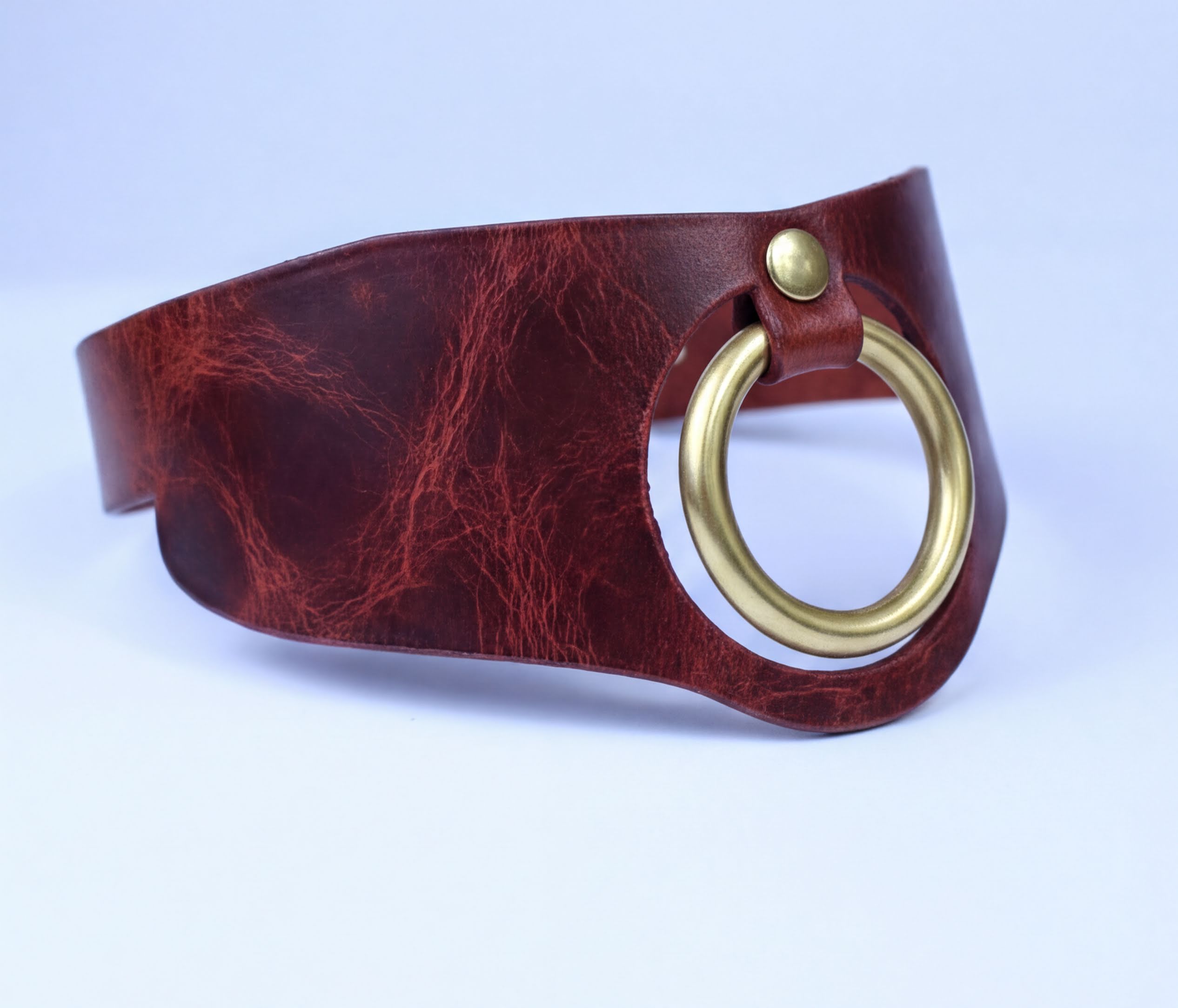 A close-up image of a red leather choker necklace with a gold-colored circular buckle.