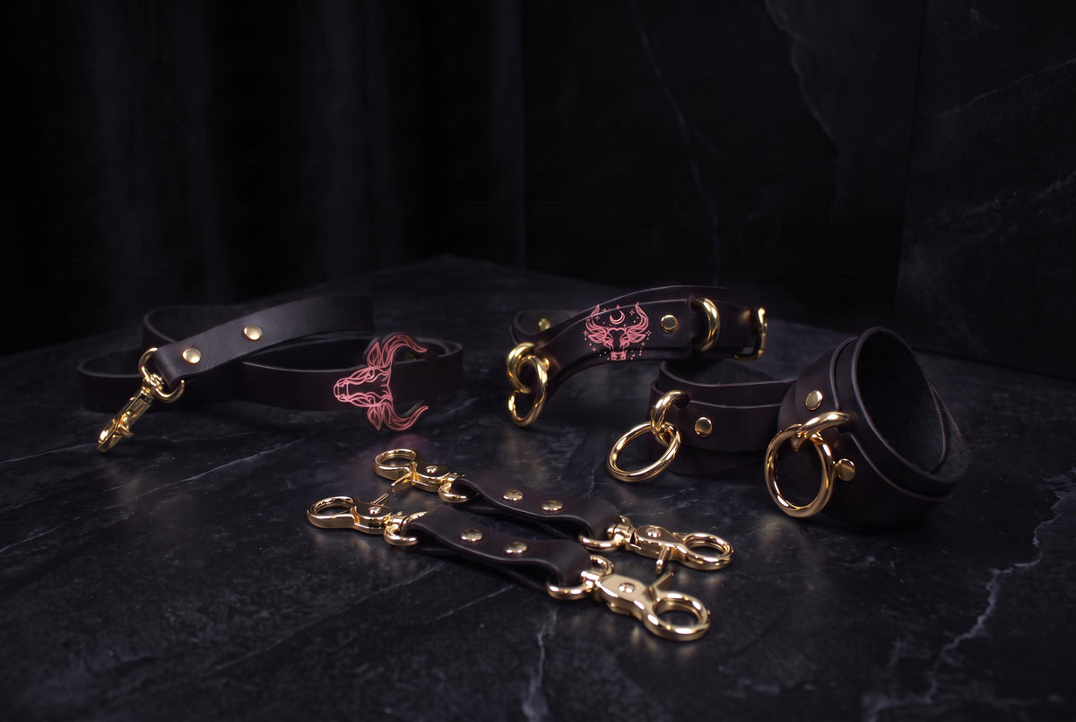 a collection of leather straps and buckles, including a belt, harnesses, and straps, arranged on a dark surface.