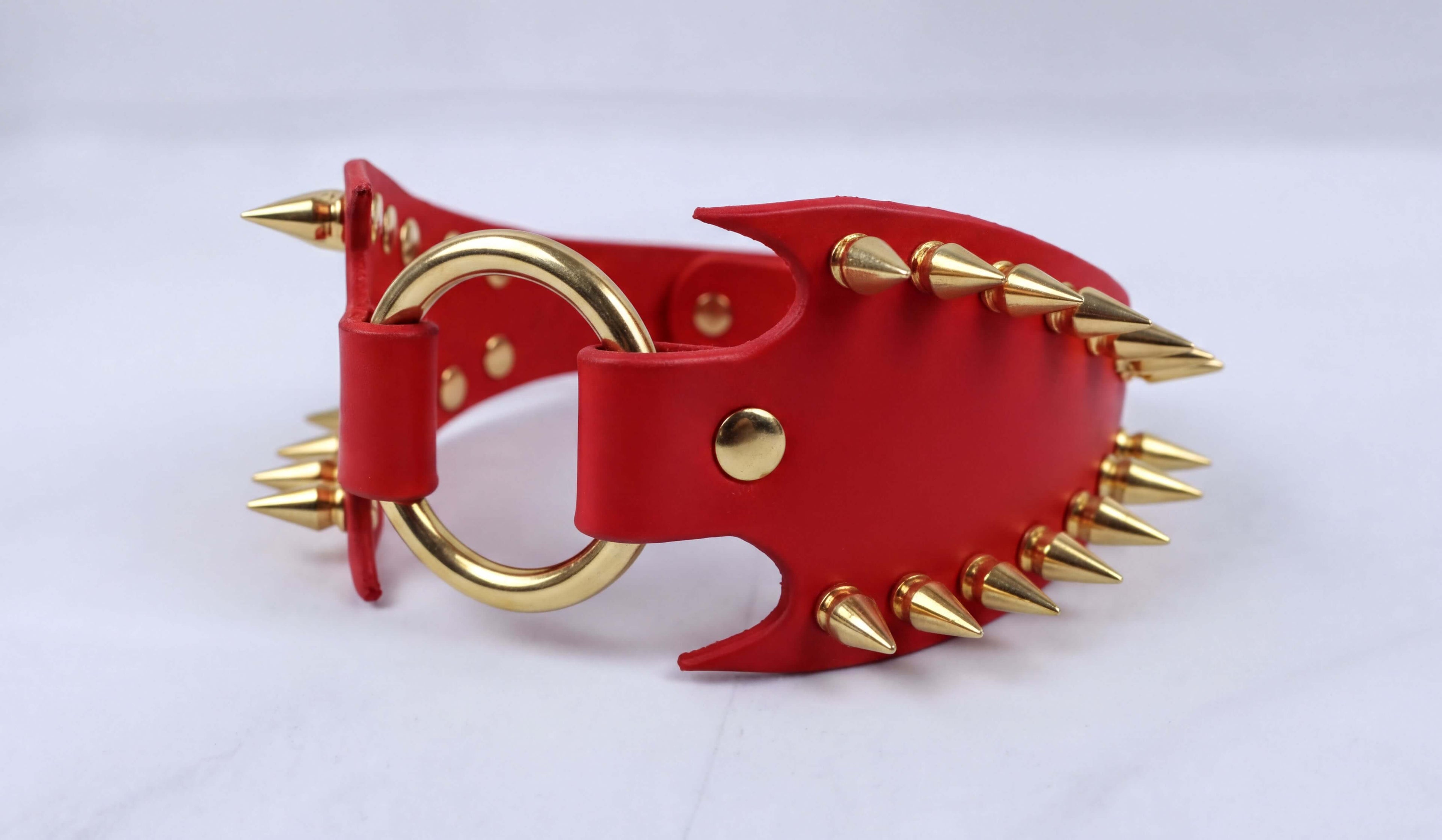 A red leather collar with gold spikes protruding from it.