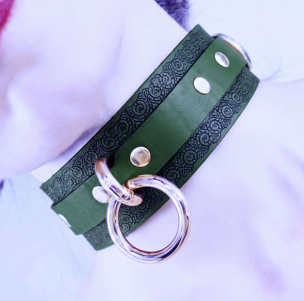 A close-up view of a green leather collar with a metal ring and buckle, attached to a dog's neck.