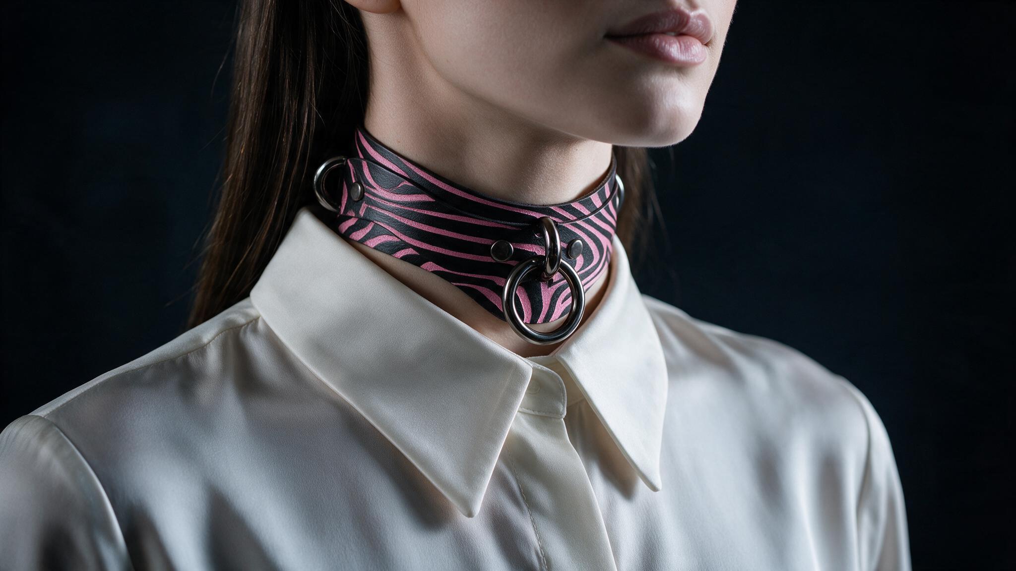 A close-up of a woman wearing a white collared shirt with a pink and black zebra print choker necklace.
