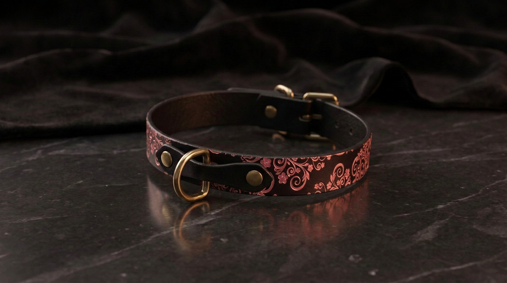 A black leather collar with a gold-colored buckle and a floral pattern on the band, resting on a dark surface.