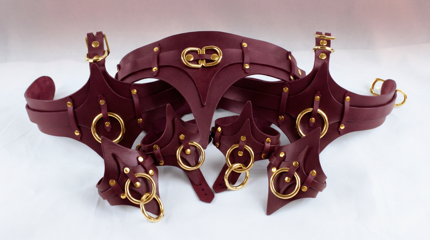 A burgundy leather corset with gold-colored metal studs and buckles, displayed on a white background.