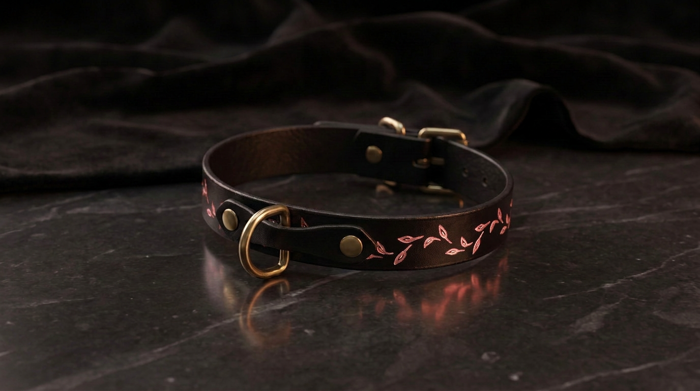 A black leather collar with a gold-colored metal buckle and leaf design, resting on a dark surface.