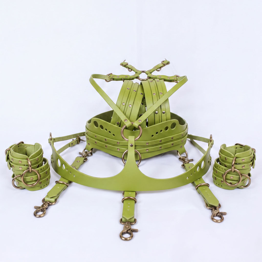 A green leather harness with multiple straps and buckles, including a chest harness and leg straps, displayed against a white background.