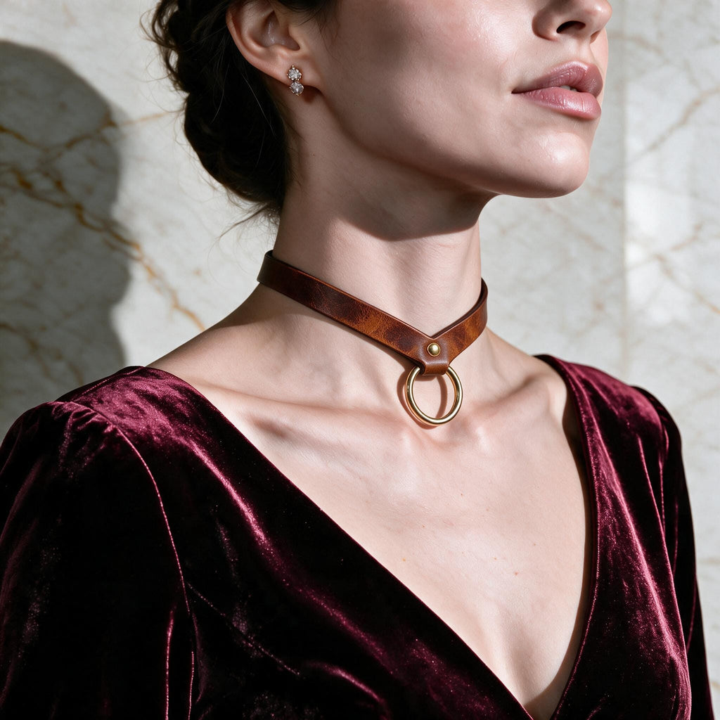 A woman wearing a burgundy velvet dress with a gold-tone choker necklace and earrings.