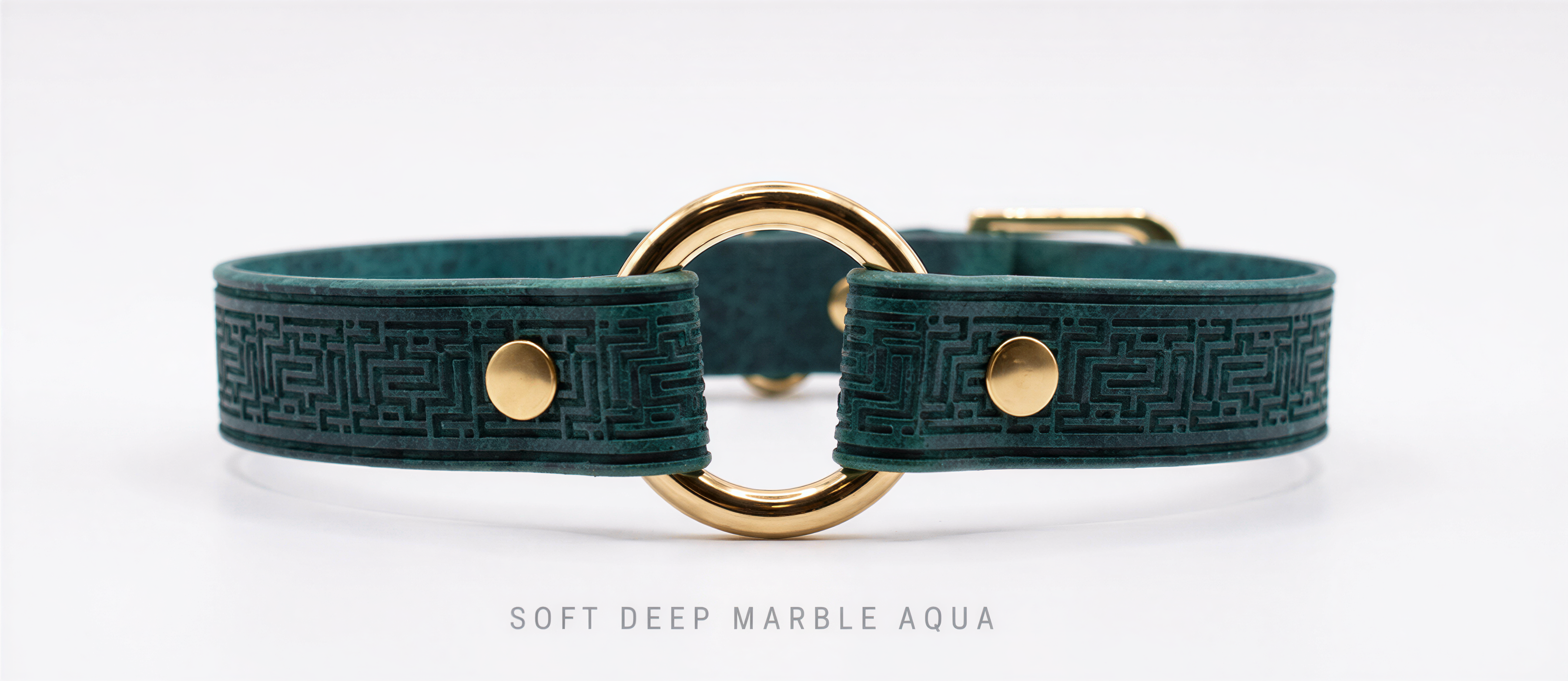 A close-up image of a green leather collar with a gold-colored metal ring and two gold-colored metal buttons.