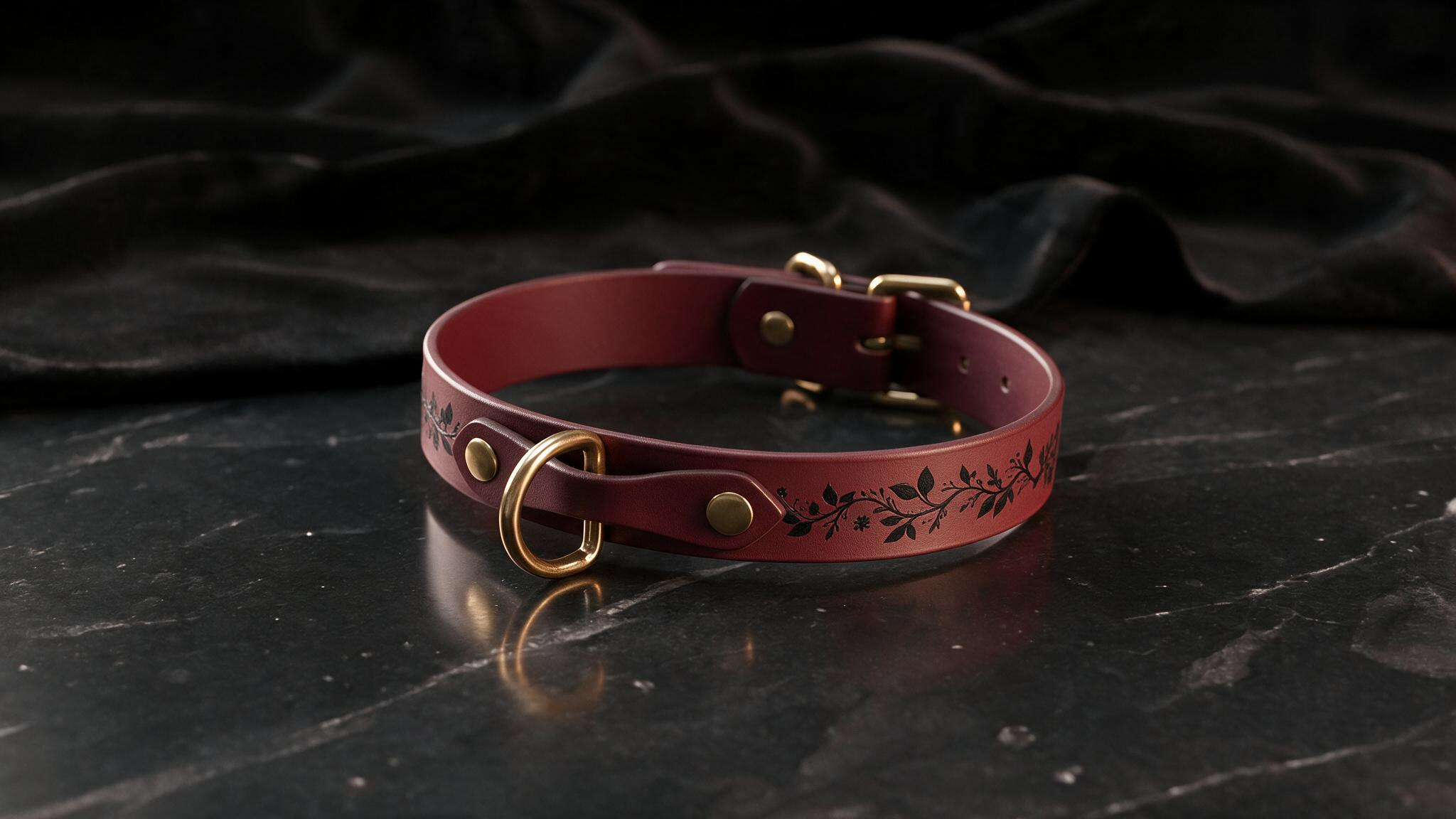 A burgundy leather collar with a leaf design sits on a black marble surface.