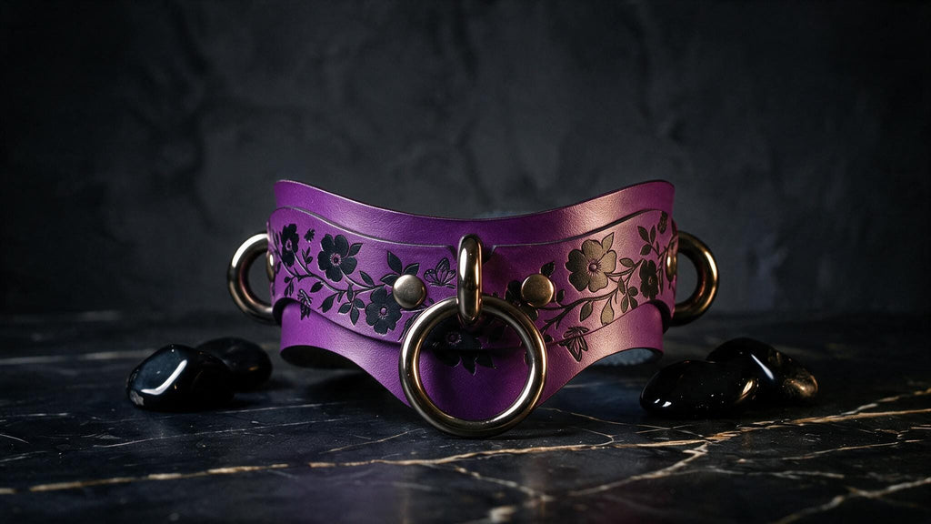 A purple leather choker necklace with floral designs and metal rings is displayed on a dark surface, accompanied by black stones.