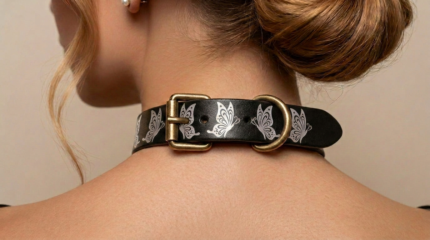 A close-up view of a woman's neck and shoulders, showing a black leather choker necklace with a decorative butterfly design.