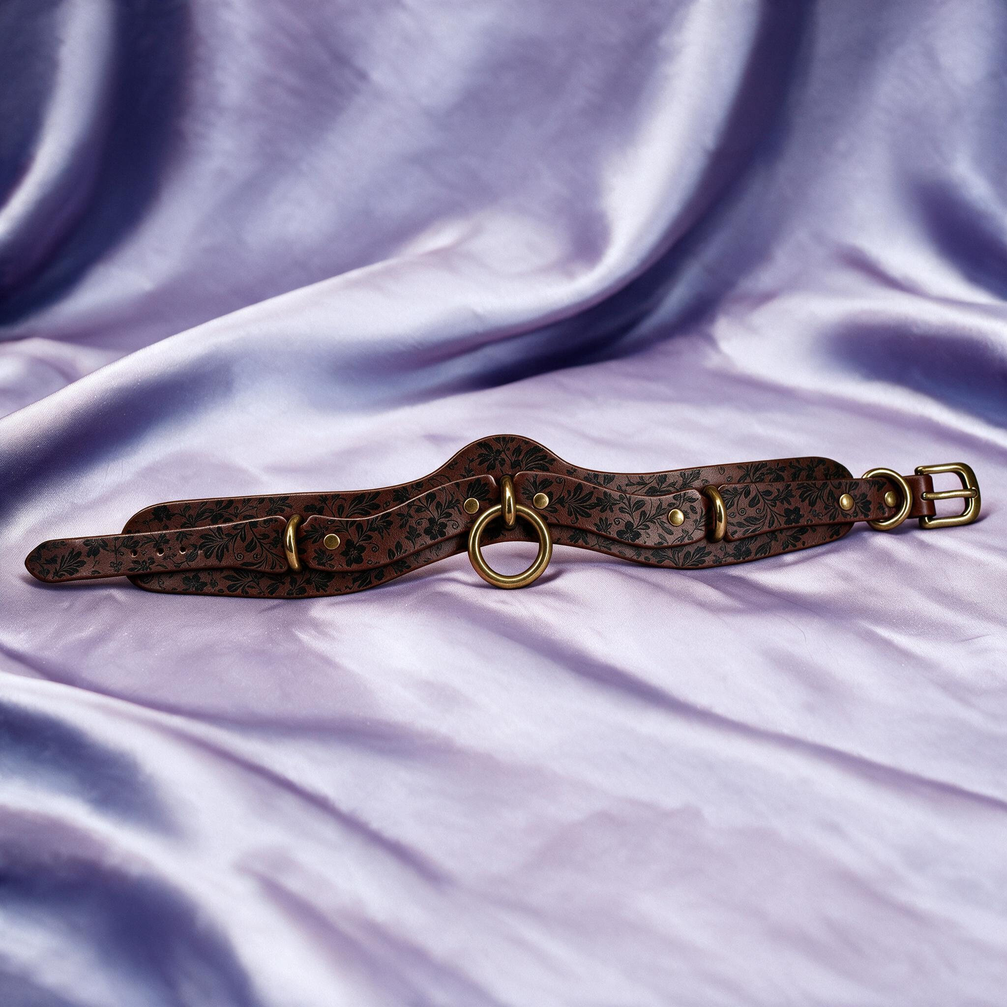 A brown leather choker necklace with a floral pattern and metal rings is displayed on a purple fabric background.