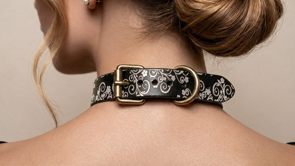 A close-up view of a woman's neck and shoulders, focusing on a decorative black and white patterned leather collar with a gold buckle.