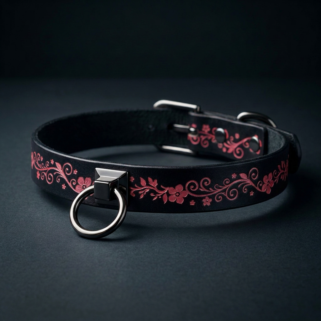 A black leather collar with a floral design and a metal ring on the front.