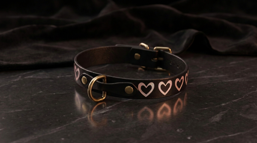A black leather collar with a heart-shaped buckle design is displayed on a dark surface.