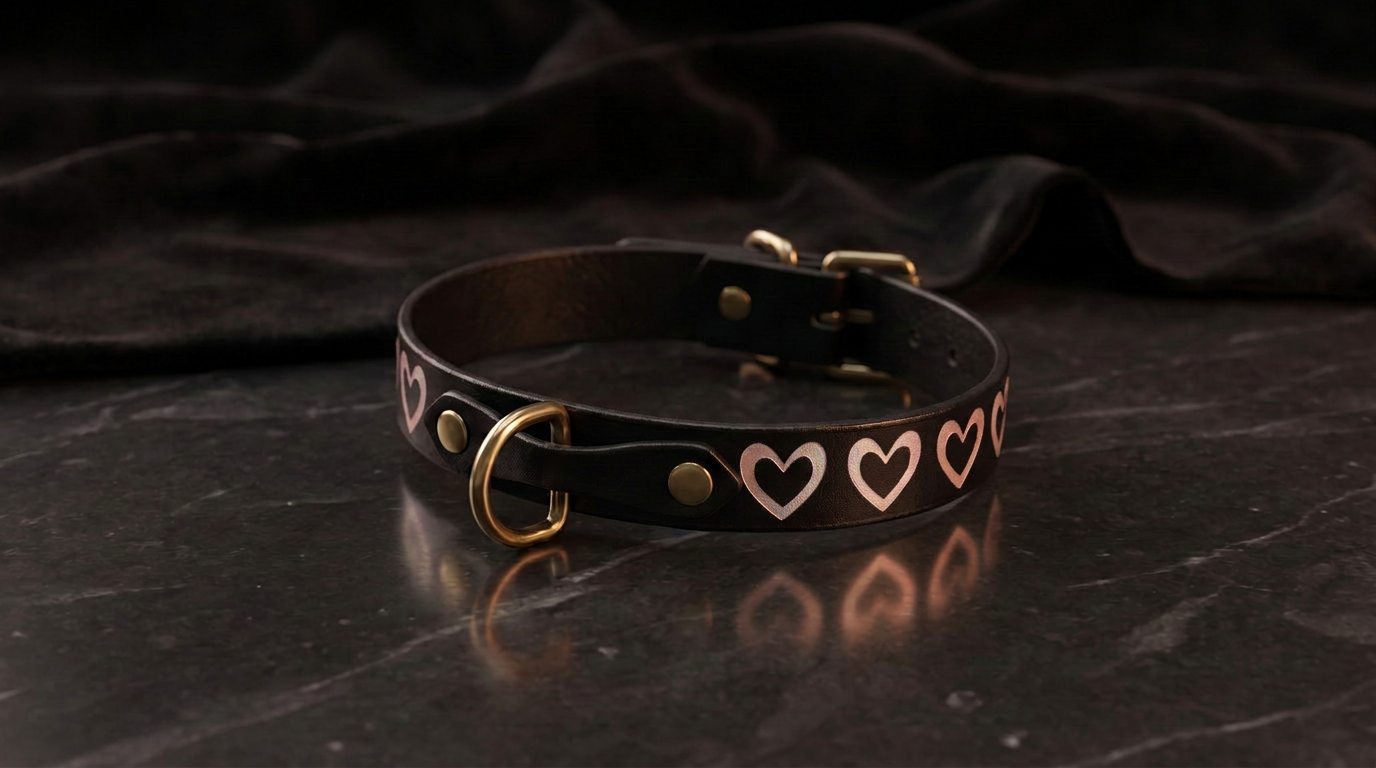 A black leather collar with a heart-shaped buckle design is displayed on a dark surface.