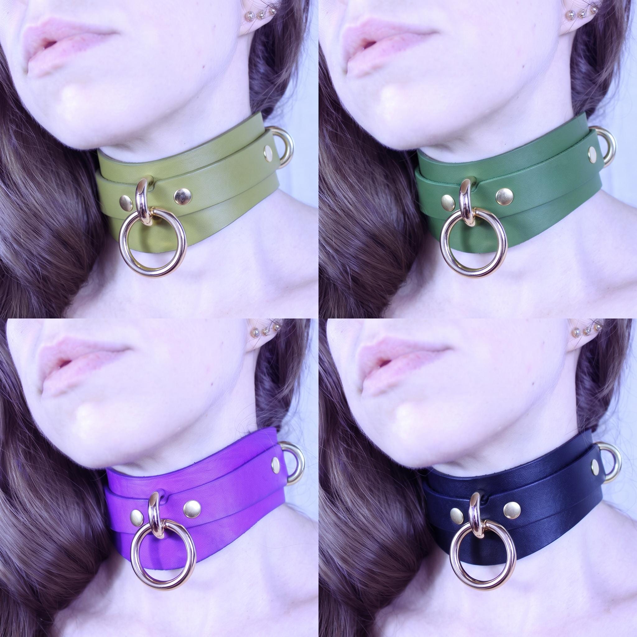 A collage of four close-up images of a woman's neck with different colored leather choker necklaces featuring metal rings.