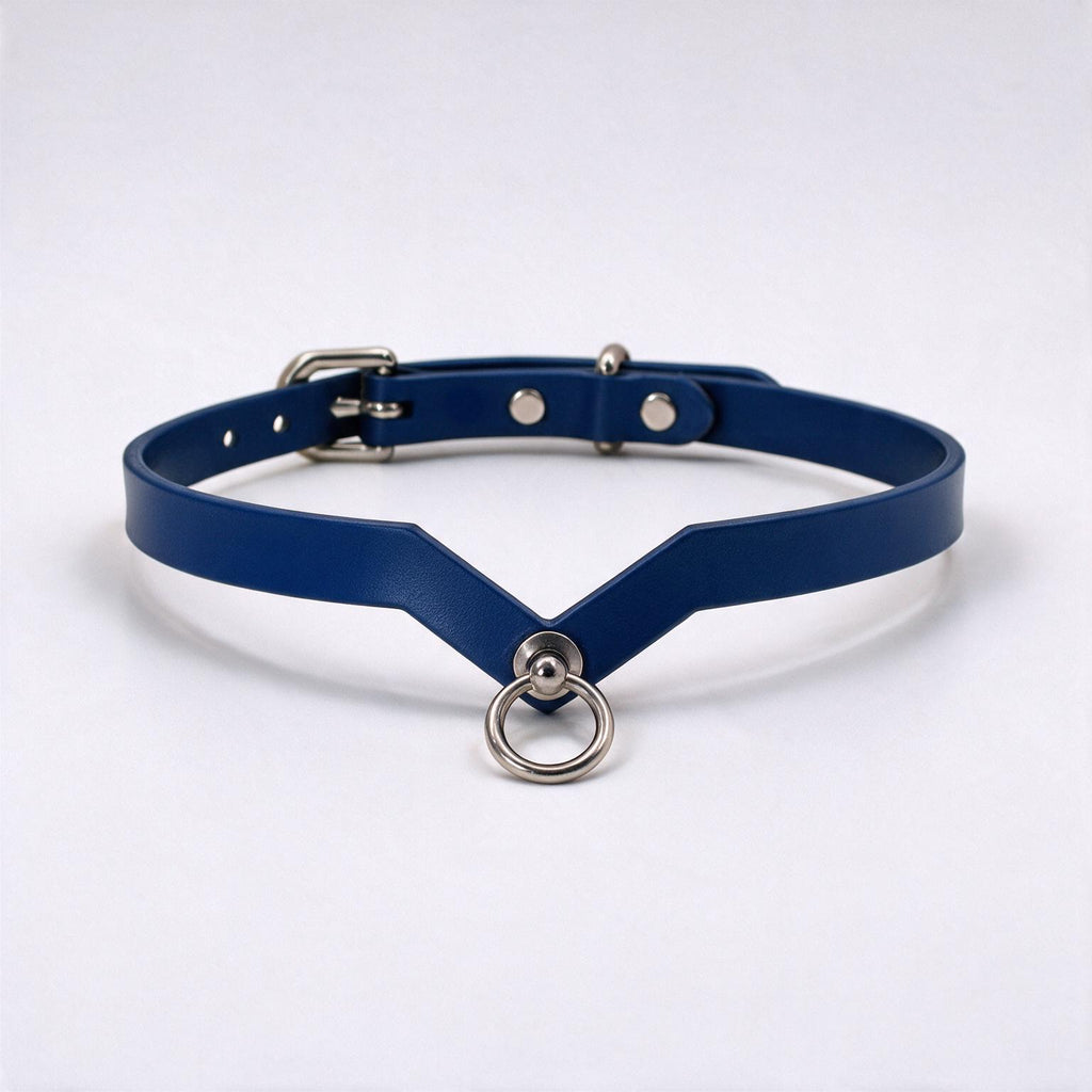 A blue leather choker necklace with a metal ring and buckle.