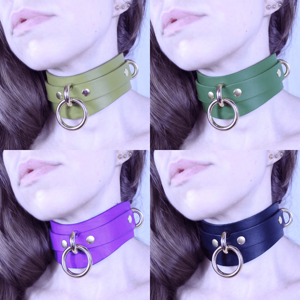 A collage of four close-up images of a woman's neck with different colored leather choker necklaces featuring metal rings.