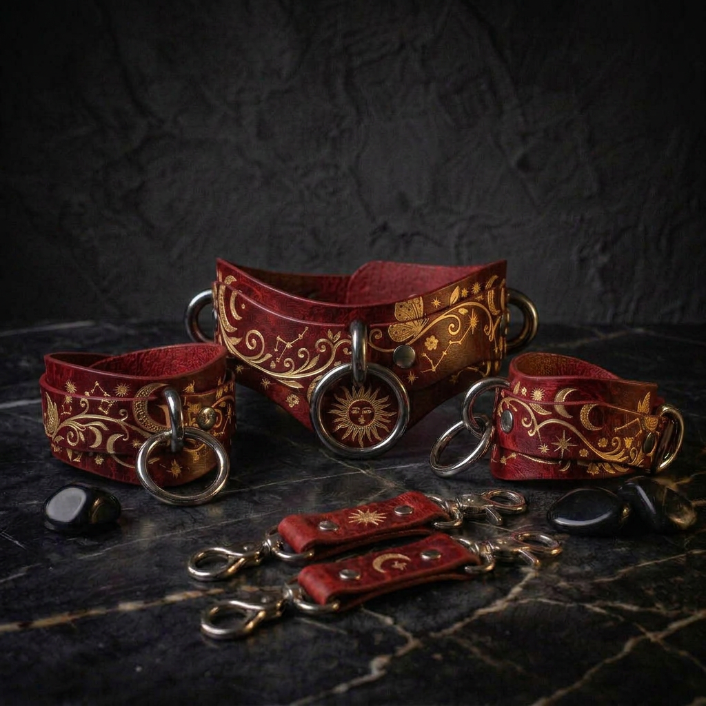 a collection of red leather straps with gold designs, including a sun and moon motif, arranged on a dark surface.