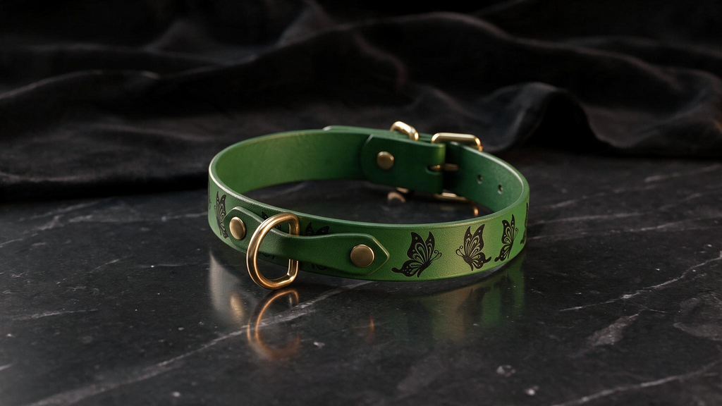 A green leather collar with gold accents and butterfly designs is displayed on a black marble surface.