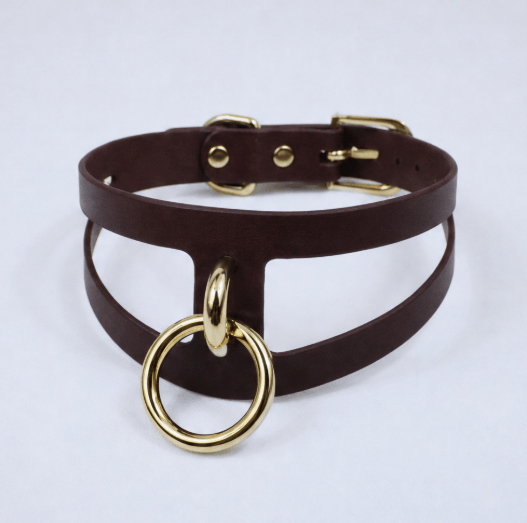 A dark brown leather choker necklace with a gold-colored metal ring and buckle.