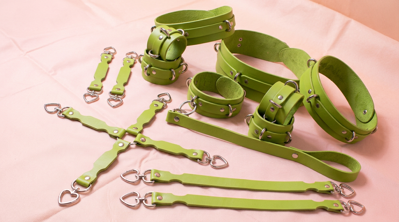 a collection of green leather straps and buckles arranged on a pink surface.