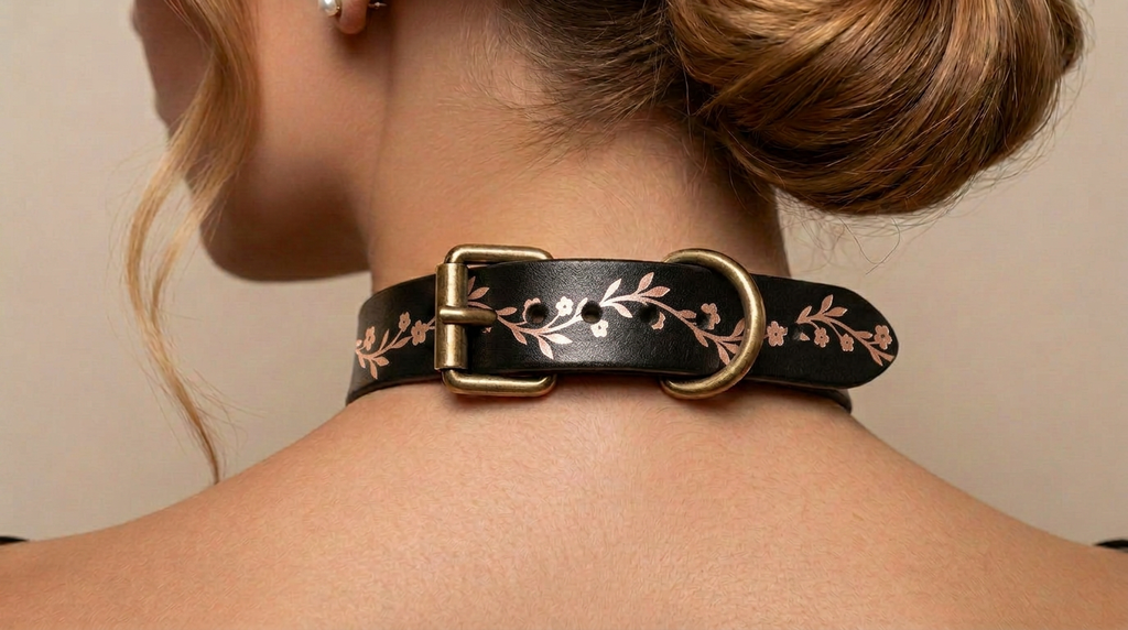 A close-up view of a woman's neck and shoulders, focusing on a black leather choker necklace with a floral pattern and a brass buckle.