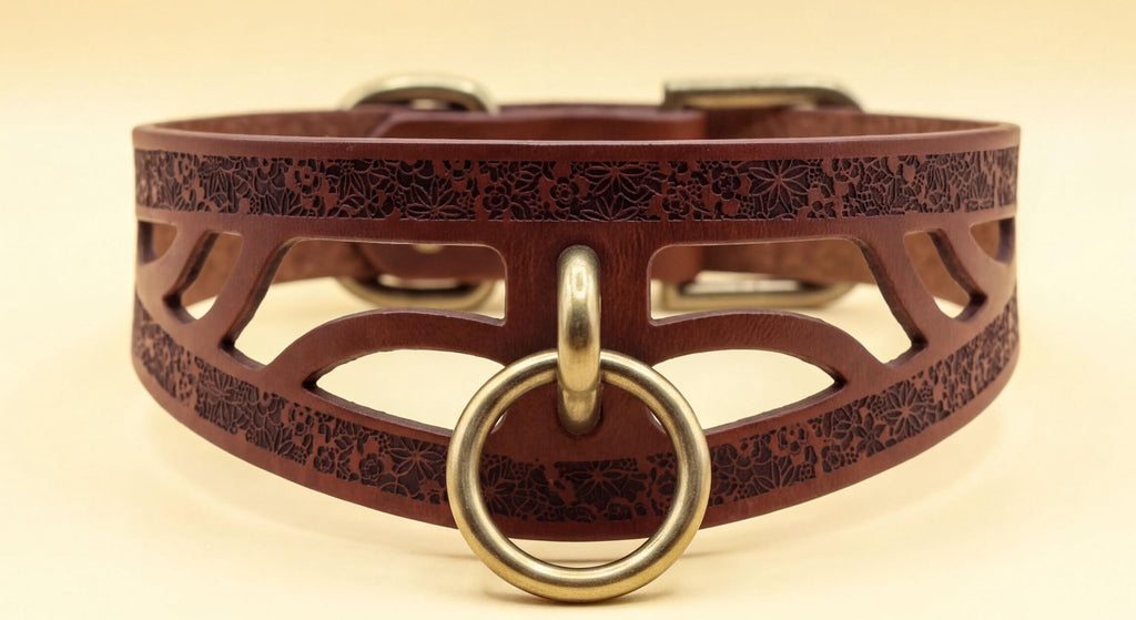 A close-up image of a brown leather collar with a metal ring and a decorative pattern on the surface.