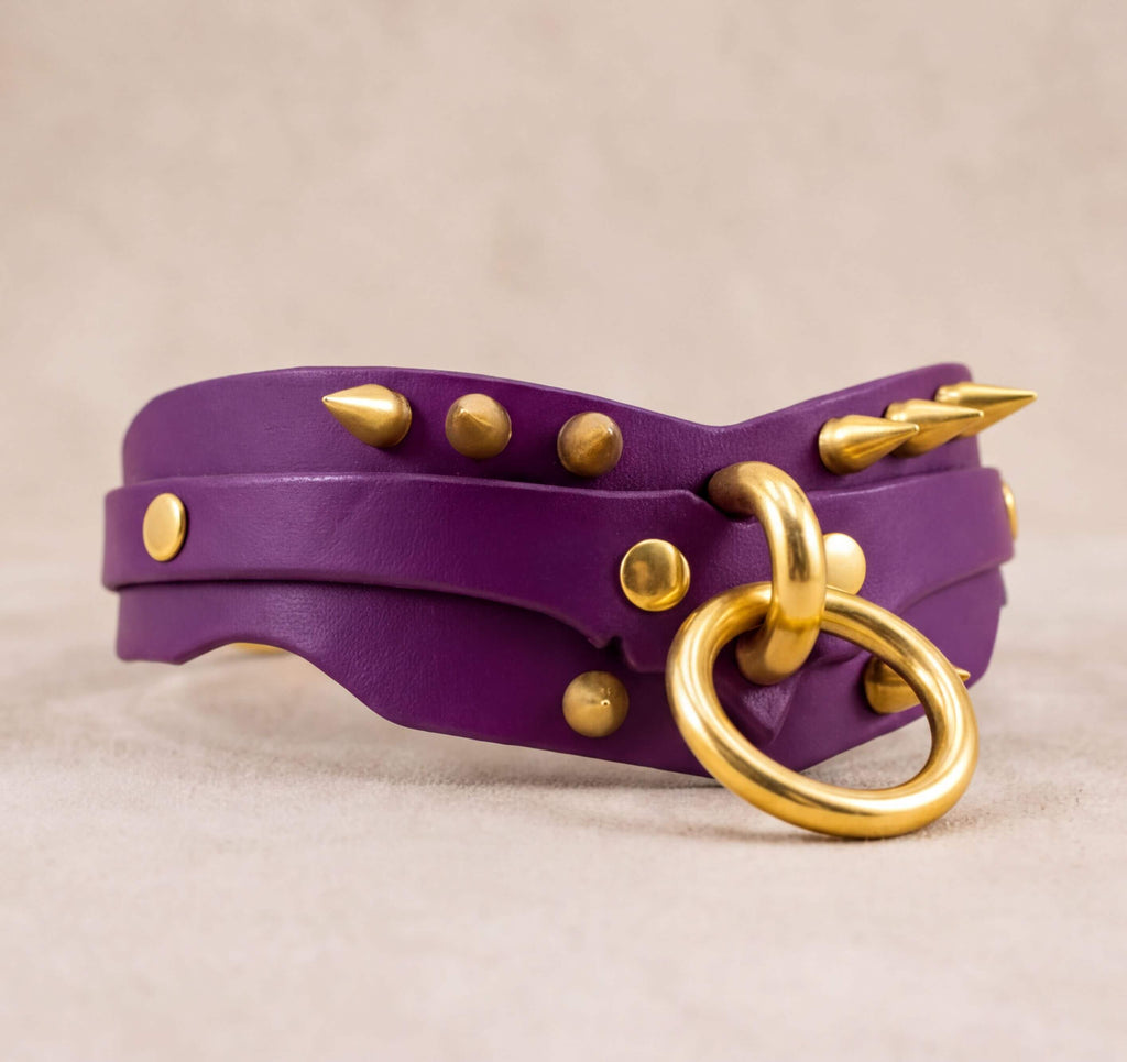 A purple leather choker necklace with gold studs and a gold ring.